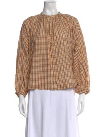Pre-owned Doen Plaid Print Long Sleeve Blouse In Brown