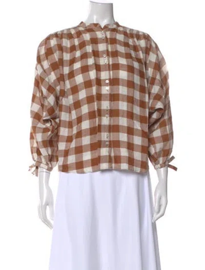 Pre-owned Doen Plaid Print Long Sleeve Blouse In Brown