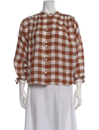 Pre-owned Doen Plaid Print Long Sleeve Blouse In Brown