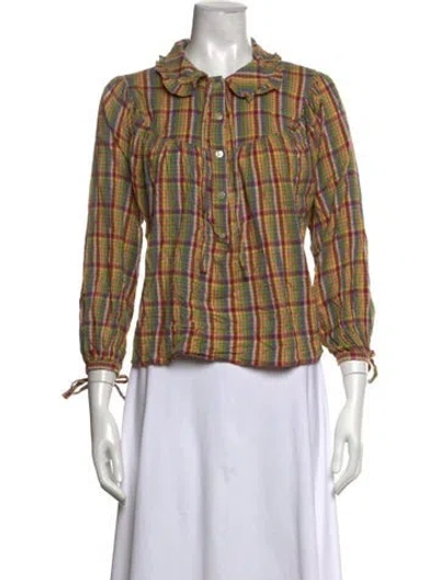 Pre-owned Doen Plaid Print Long Sleeve Blouse In Brown
