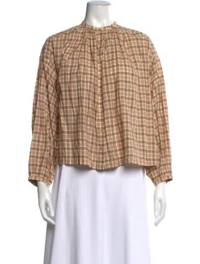 Pre-owned Doen Plaid Print Long Sleeve Blouse In Brown