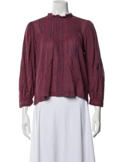 Pre-owned Doen Plaid Print Long Sleeve Blouse In Burgundy/red