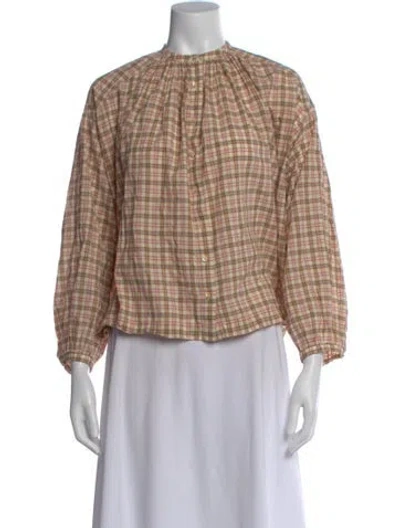 Pre-owned Doen Plaid Print Long Sleeve Blouse In Neutral