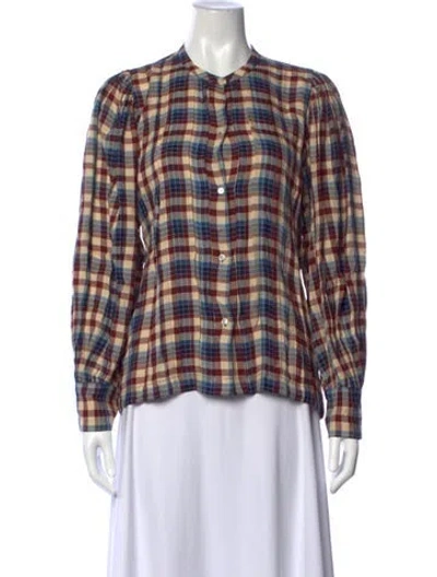 Pre-owned Doen Plaid Print Long Sleeve Blouse In Neutrals