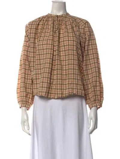 Pre-owned Doen Plaid Print Long Sleeve Blouse In Neutrals