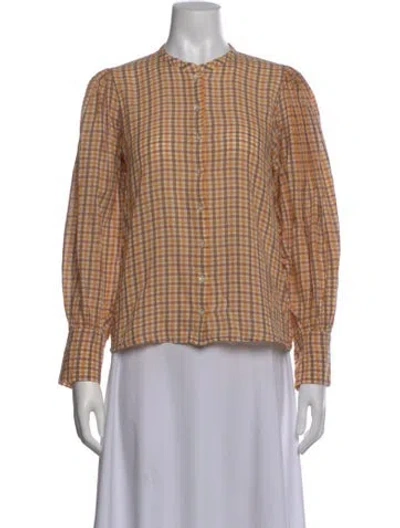Pre-owned Doen Plaid Print Long Sleeve Blouse In Orange