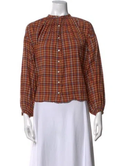 Pre-owned Doen Plaid Print Long Sleeve Blouse In Orange
