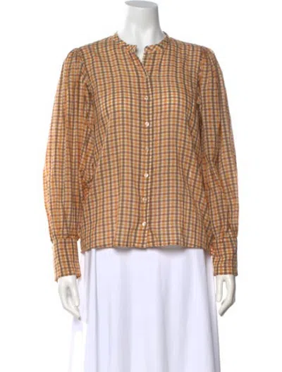 Pre-owned Doen Plaid Print Long Sleeve Blouse In Orange