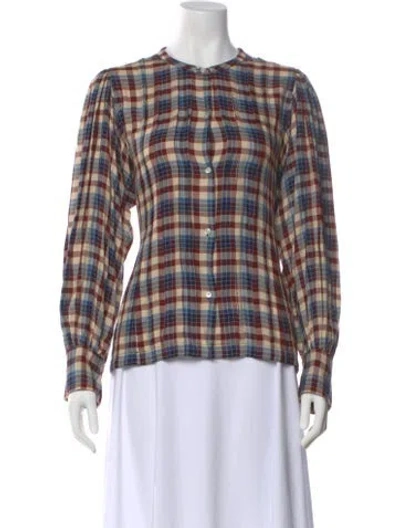 Pre-owned Doen Plaid Print Long Sleeve Blouse In Red