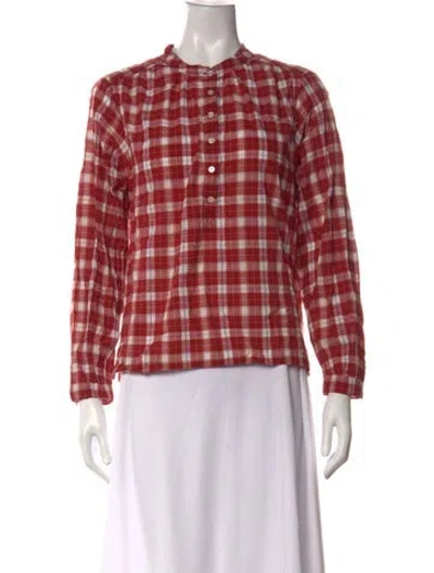 Pre-owned Doen Plaid Print Long Sleeve Blouse In Red
