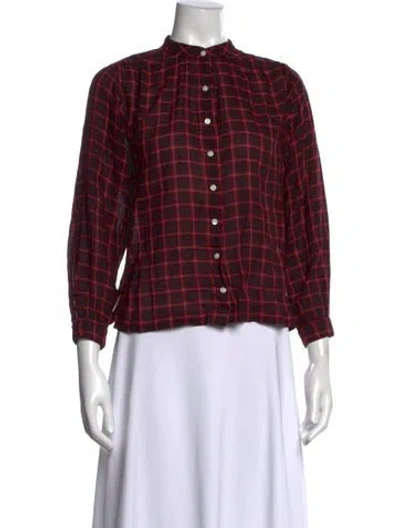 Pre-owned Doen Plaid Print Long Sleeve Blouse In Red