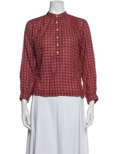 Pre-owned Doen Plaid Print Long Sleeve Blouse In Red