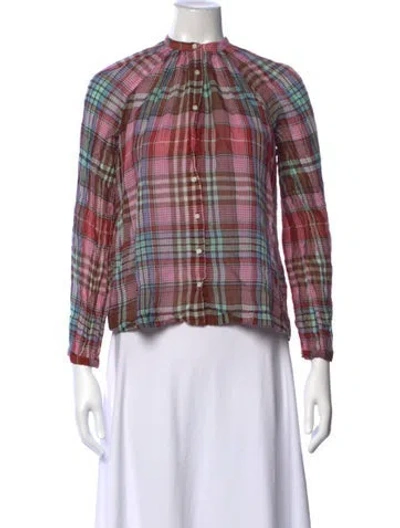 Pre-owned Doen Plaid Print Long Sleeve Blouse In Red