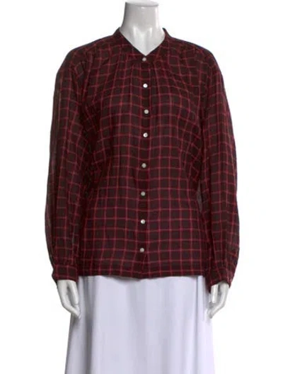 Pre-owned Doen Plaid Print Long Sleeve Button-up Top In Red