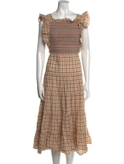 Pre-owned Doen Plaid Print Midi Length Dress In Neutral