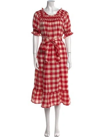 Pre-owned Doen Plaid Print Midi Length Dress In Red