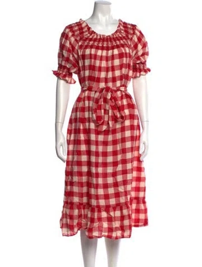 Pre-owned Doen Plaid Print Midi Length Dress In Red