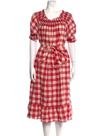 Pre-owned Doen Plaid Print Midi Length Dress In Red