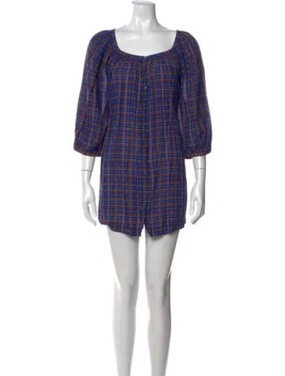 Pre-owned Doen Plaid Print Mini Dress In Blue