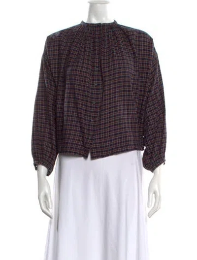 Pre-owned Doen Plaid Print Mock Neck Blouse In Blue