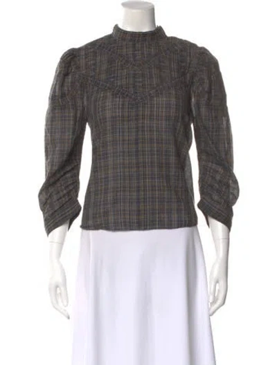 Pre-owned Doen Plaid Print Mock Neck Blouse In Green