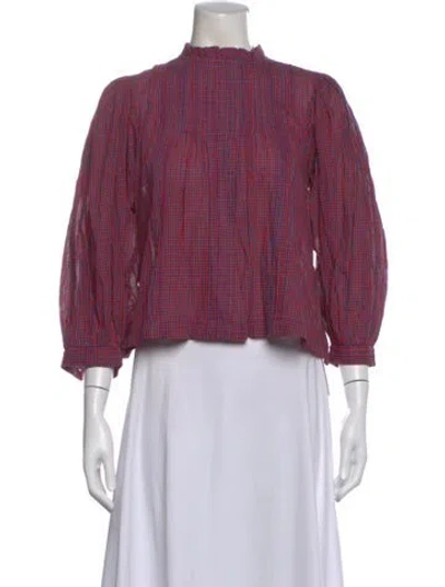 Pre-owned Doen Plaid Print Mock Neck Blouse W/ Tags In Red