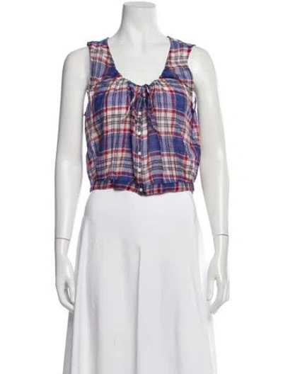 Pre-owned Doen Plaid Print Scoop Neck Blouse In White