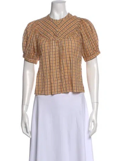 Pre-owned Doen Plaid Print Short Sleeve Blouse In Neutral
