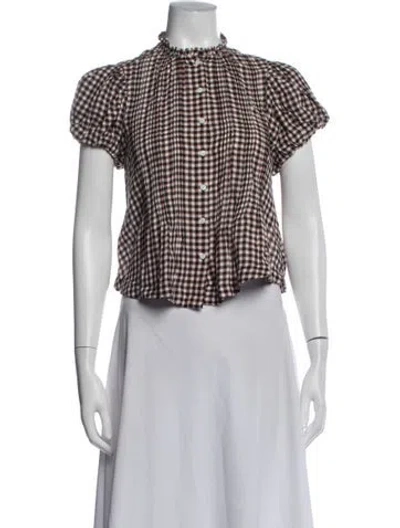 Pre-owned Doen Plaid Print Short Sleeve Blouse In White