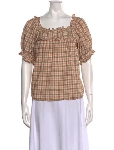 Pre-owned Doen Plaid Print Square Neckline Blouse In Neutral