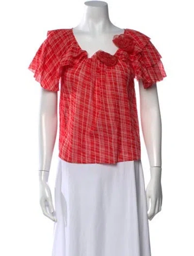 Pre-owned Doen Plaid Print Square Neckline Blouse W/ Tags In Red