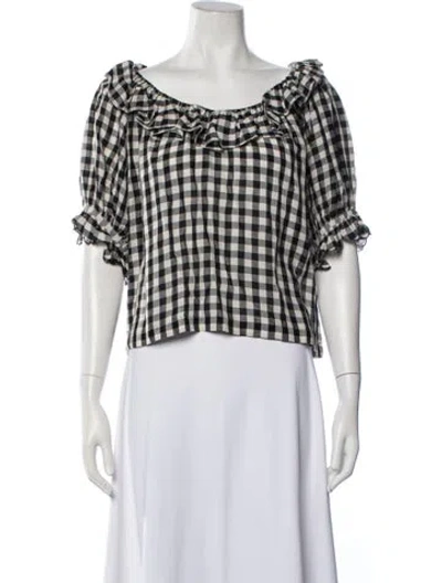 Pre-owned Doen Plaid Print Square Neckline Blouse In White