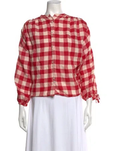 Pre-owned Doen Plaid Print Three-quarter Sleeve Blouse In Red