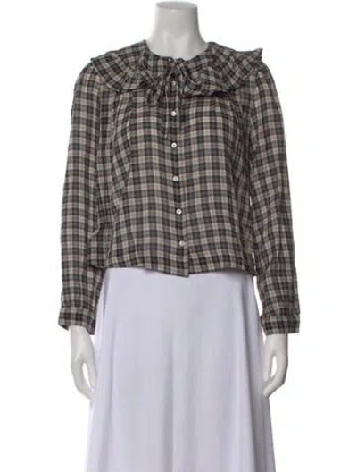 Pre-owned Doen Plaid Print Tie Neck Blouse