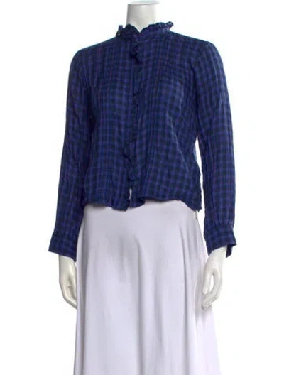 Pre-owned Doen Plaid Print Tie Neck Blouse In Blue