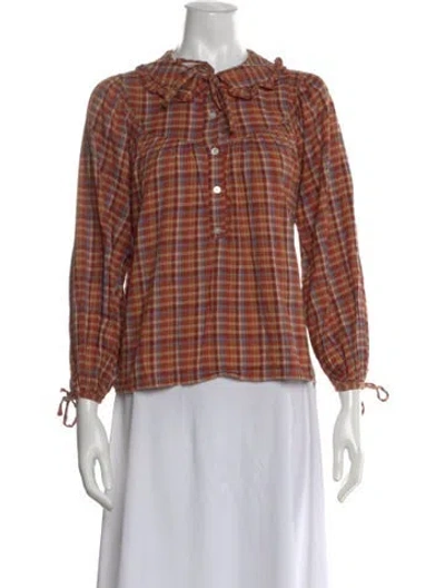 Pre-owned Doen Plaid Print Tie Neck Blouse In Brown
