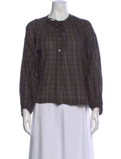 Pre-owned Doen Plaid Print Tie Neck Blouse In Gray