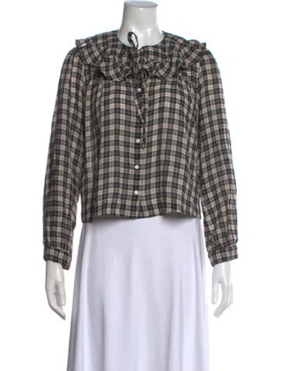 Pre-owned Doen Plaid Print Tie Neck Blouse In Neutrals