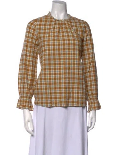 Pre-owned Doen Plaid Print Tie Neck Blouse In Yellow