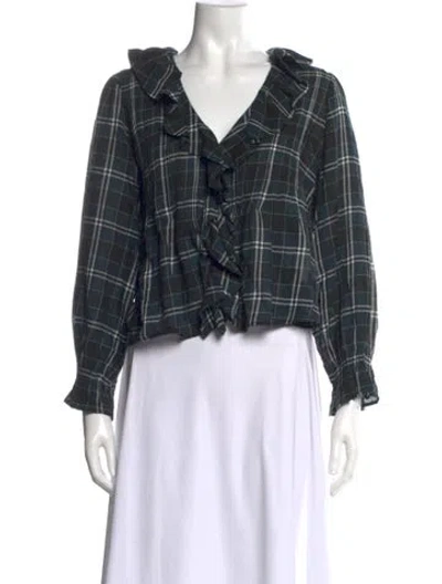 Pre-owned Doen Plaid Print V-neck Blouse In Black