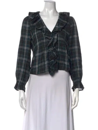 Pre-owned Doen Plaid Print V-neck Blouse In Black