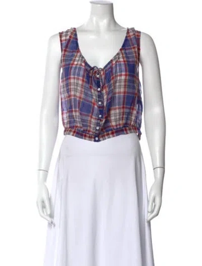 Pre-owned Doen Plaid Print V-neck Blouse In Blue