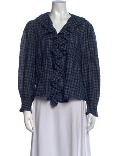 Pre-owned Doen Plaid Print V-neck Blouse In Blue