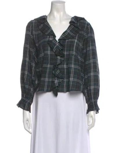 Pre-owned Doen Plaid Print V-neck Blouse In Green