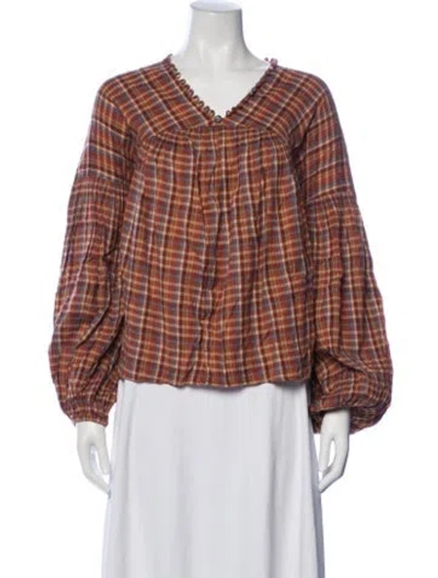 Pre-owned Doen Plaid Print V-neck Blouse In Orange
