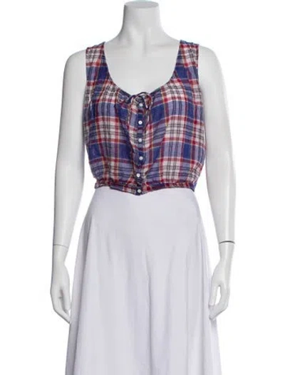 Pre-owned Doen Plaid Print V-neck Blouse In White