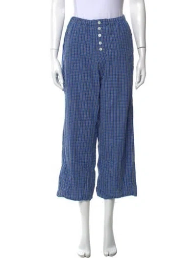 Pre-owned Doen Plaid Print Wide Leg Pants In Blue