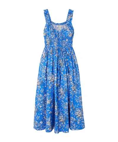 Doen Emmaretta Shirred Floral-print Organic Cotton-voile Midi Dress In Blue
