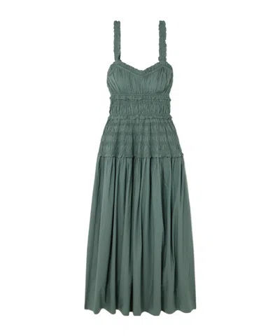 Doen Marianne Shirred Organic Cotton-poplin Midi Dress In Green