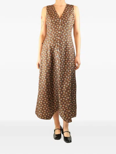 Pre-owned Doen Print Sleeveless Midi Dress In Brown